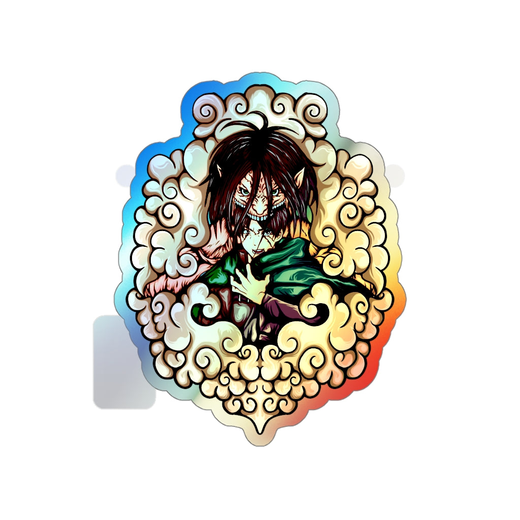Holographic Eren Yeager sticker with shiny rainbow effect